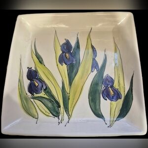 Studio Pottery Signed Serving Platter With Irises Floral Ceramic  13.5"x13.5"